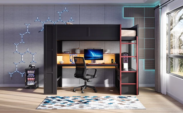 Alt view image 7 of 7 - Twin Size Gaming Loft Bed with Desk, Storage Shelves LED and Charging Station, Red Black, MDF and Wood, Beds Frames
