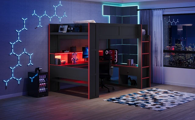 Alt view image 6 of 7 - Twin Size Gaming Loft Bed with Desk, Storage Shelves LED and Charging Station, Red Black, MDF and Wood, Beds Frames