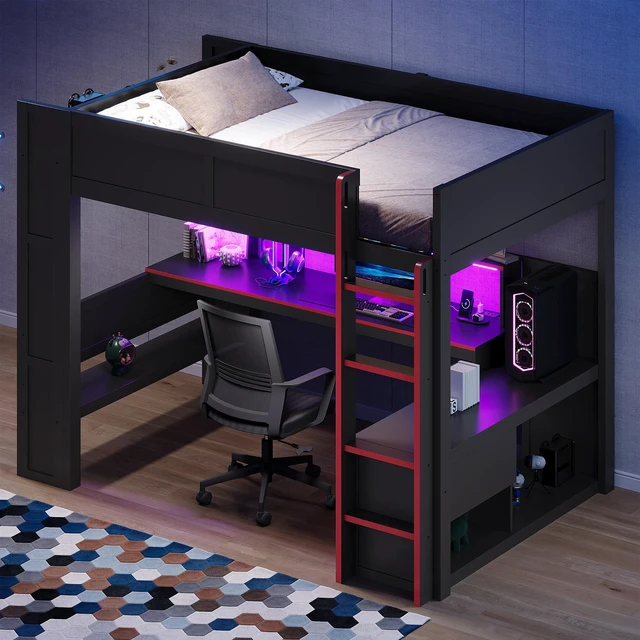 Alt view image 2 of 7 - Twin Size Gaming Loft Bed with Desk, Storage Shelves LED and Charging Station, Red Black, MDF and Wood, Beds Frames