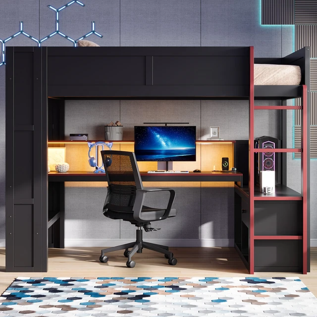 Alt view image 4 of 7 - Twin Size Gaming Loft Bed with Desk, Storage Shelves LED and Charging Station, Red Black, MDF and Wood, Beds Frames