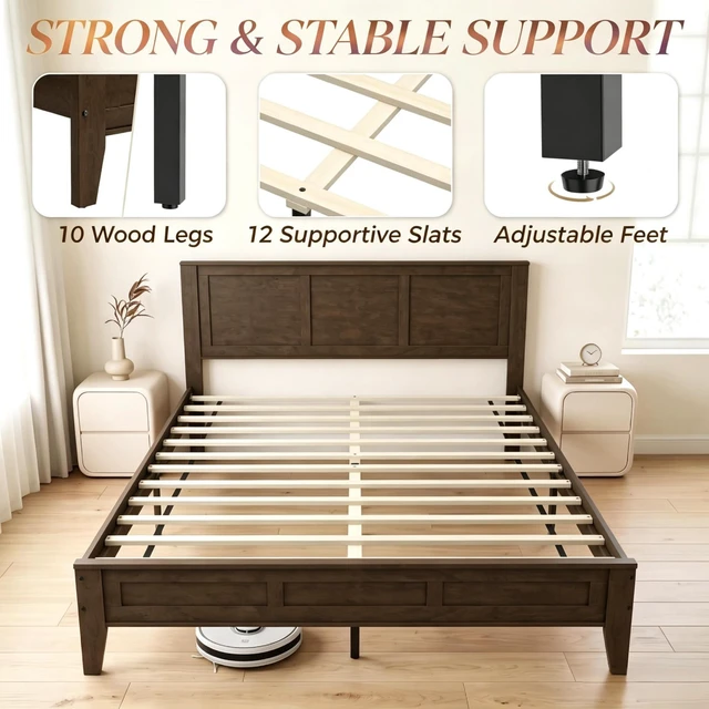 Alt view image 3 of 7 - Mid-Century Queen Bed Frame, Toned Platform Bed Featuring Headboard Footboard and Convenient Under Storage for Decor