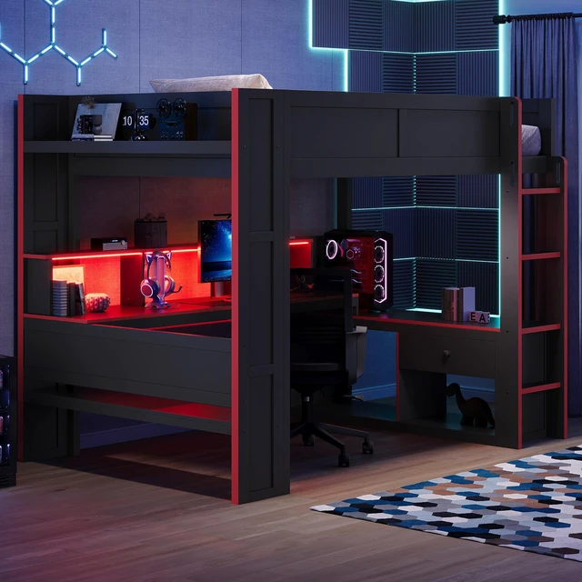 Main image of Twin Size Gaming Loft Bed with Desk, Storage Shelves LED and Charging Station, Red Black, MDF and Wood, Beds Frames