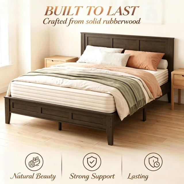 Alt view image 7 of 7 - Mid-Century Queen Bed Frame, Toned Platform Bed Featuring Headboard Footboard and Convenient Under Storage for Decor