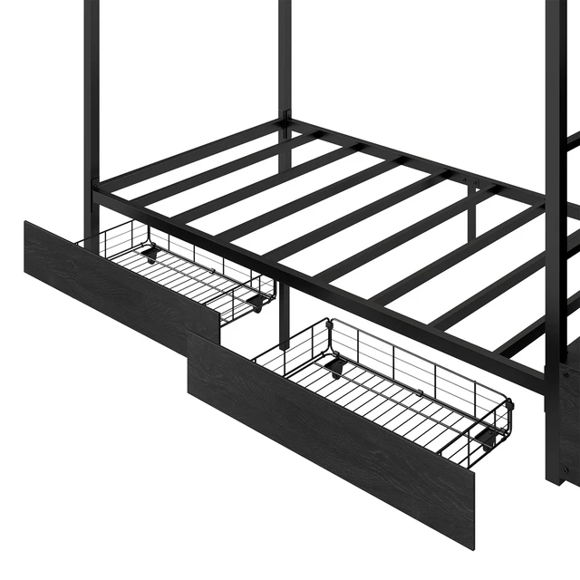 Alt view image 3 of 7 - Bunk Bed Twin Over Twin with Stairs, Storage Drawers Full Length Guardrail Space Saving Bed, Black, Metal, Beds Frames
