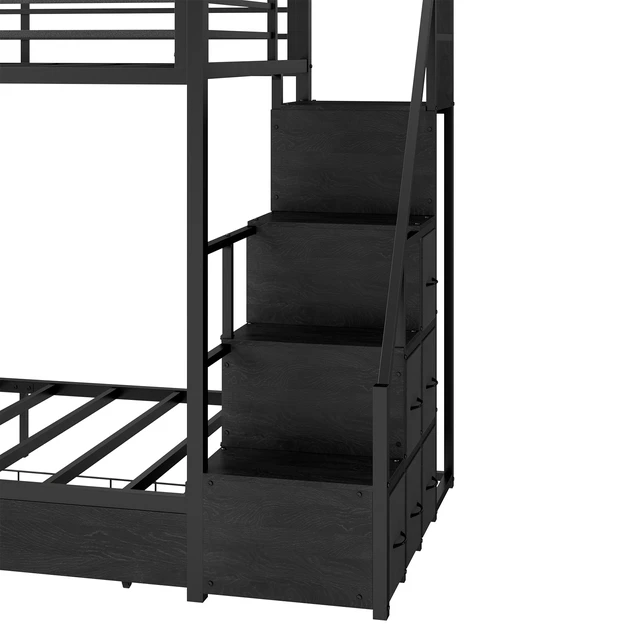 Alt view image 4 of 7 - Bunk Bed Twin Over Twin with Stairs, Storage Drawers Full Length Guardrail Space Saving Bed, Black, Metal, Beds Frames