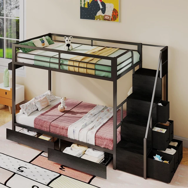 Main image of Bunk Bed Twin Over Twin with Stairs, Storage Drawers Full Length Guardrail Space Saving Bed, Black, Metal, Beds Frames