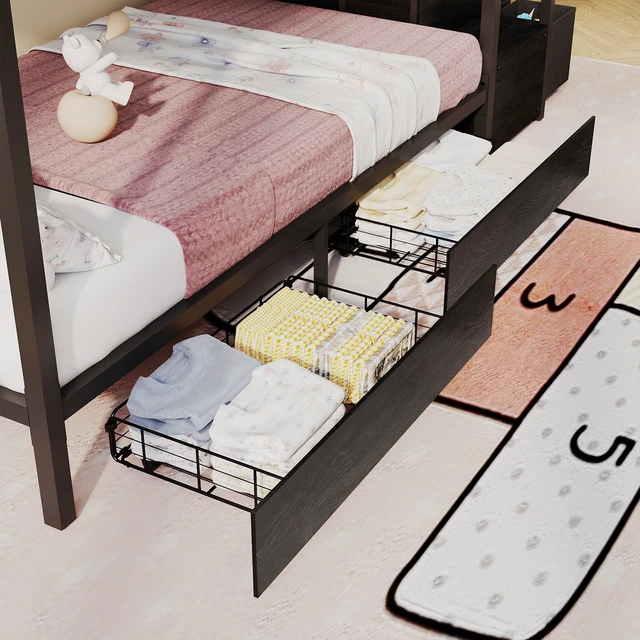 Alt view image 6 of 7 - Bunk Bed Twin Over Twin with Stairs, Storage Drawers Full Length Guardrail Space Saving Bed, Black, Metal, Beds Frames