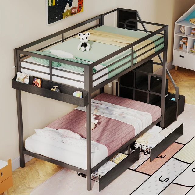 Alt view image 7 of 7 - Bunk Bed Twin Over Twin with Stairs, Storage Drawers Full Length Guardrail Space Saving Bed, Black, Metal, Beds Frames