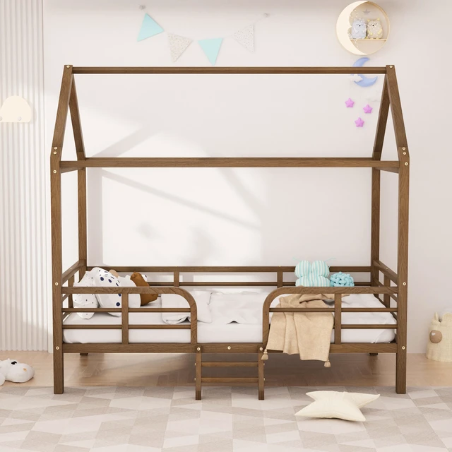Alt view image 2 of 7 - Twin Size Bed Frame, Metal Platform Bed with Roof Guardrails and Ladder Wood Grain Printed Steel Frame Underbed