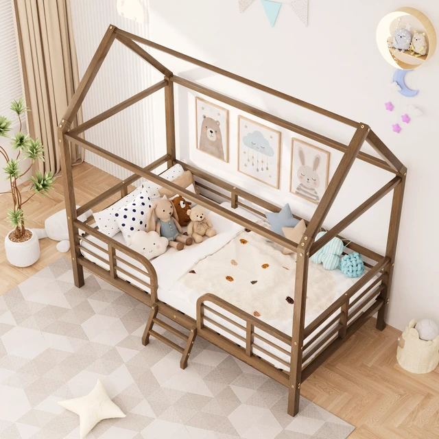 Alt view image 3 of 7 - Twin Size Bed Frame, Metal Platform Bed with Roof Guardrails and Ladder Wood Grain Printed Steel Frame Underbed