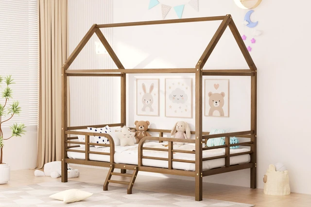 Alt view image 4 of 7 - Twin Size Bed Frame, Metal Platform Bed with Roof Guardrails and Ladder Wood Grain Printed Steel Frame Underbed
