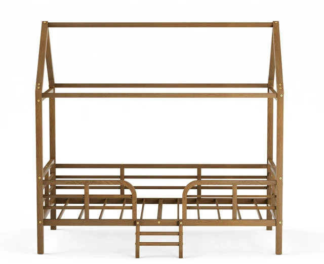 Alt view image 6 of 7 - Twin Size Bed Frame, Metal Platform Bed with Roof Guardrails and Ladder Wood Grain Printed Steel Frame Underbed