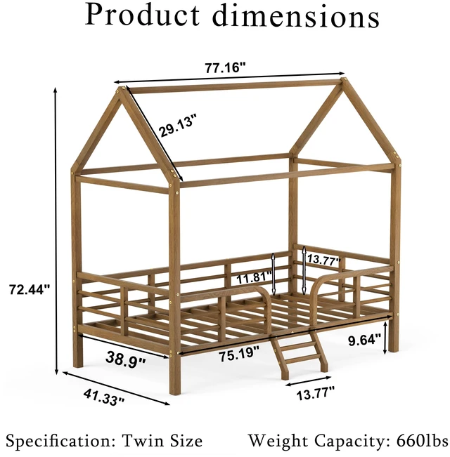 Alt view image 5 of 7 - Twin Size Bed Frame, Metal Platform Bed with Roof Guardrails and Ladder Wood Grain Printed Steel Frame Underbed