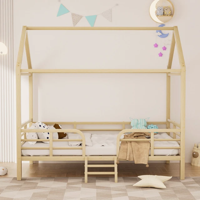 Alt view image 2 of 7 - Twin Size Bed Frame, Metal Platform Bed with Roof Guardrails and Ladder Wood Grain Printed Steel Frame Underbed