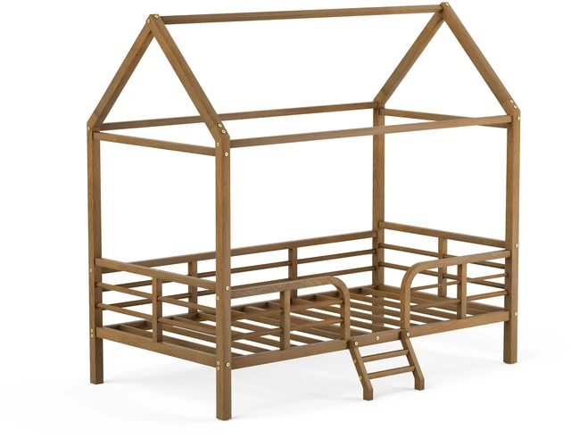 Alt view image 7 of 7 - Twin Size Bed Frame, Metal Platform Bed with Roof Guardrails and Ladder Wood Grain Printed Steel Frame Underbed