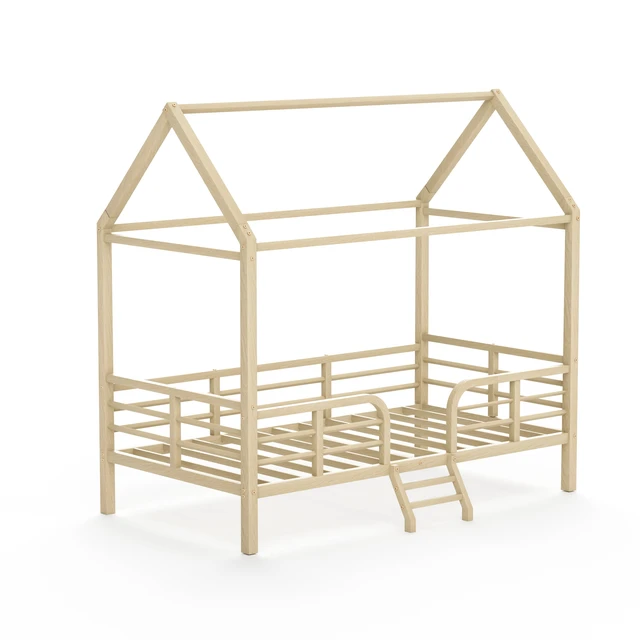 Alt view image 6 of 7 - Twin Size Bed Frame, Metal Platform Bed with Roof Guardrails and Ladder Wood Grain Printed Steel Frame Underbed