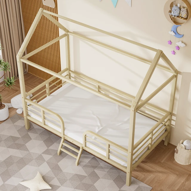 Alt view image 3 of 7 - Twin Size Bed Frame, Metal Platform Bed with Roof Guardrails and Ladder Wood Grain Printed Steel Frame Underbed