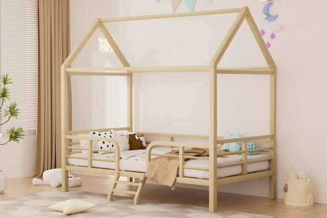 Alt view image 4 of 7 - Twin Size Bed Frame, Metal Platform Bed with Roof Guardrails and Ladder Wood Grain Printed Steel Frame Underbed