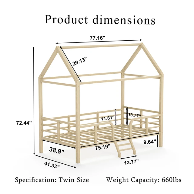 Alt view image 5 of 7 - Twin Size Bed Frame, Metal Platform Bed with Roof Guardrails and Ladder Wood Grain Printed Steel Frame Underbed