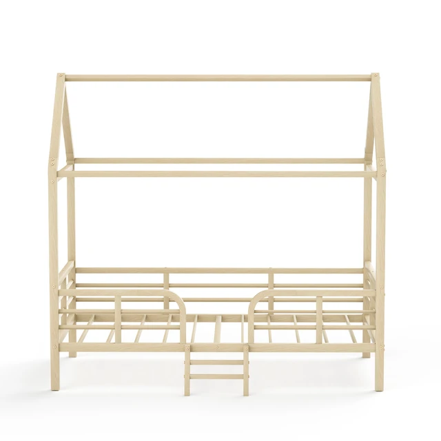 Alt view image 7 of 7 - Twin Size Bed Frame, Metal Platform Bed with Roof Guardrails and Ladder Wood Grain Printed Steel Frame Underbed
