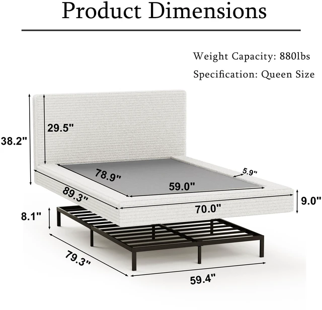 Alt view image 6 of 7 - Air Frame Upholstered Bed Frame, Low Profile Cloud Bed Featuring Upholstered Headboard 360° Foam Edging and Metal Base