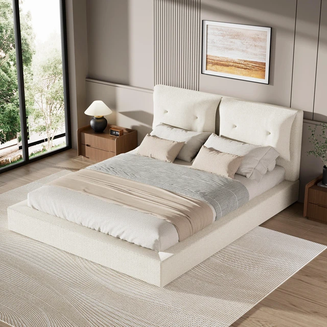 Alt view image 2 of 7 - Air Frame Upholstered Bed Frame, Low Cloud Bed with Double Layered Upholstered Headboard 360° Soft Foam Edging