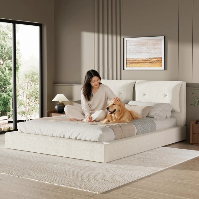 Alt view image 3 of 7 - Air Frame Upholstered Bed Frame, Low Cloud Bed with Double Layered Upholstered Headboard 360° Soft Foam Edging