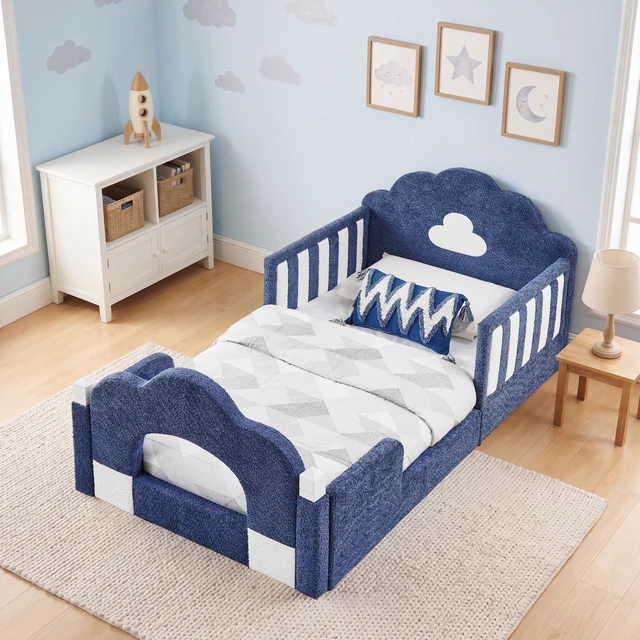 Alt view image 3 of 7 - Twin Size Cloud Bed with Safety Guardrail, Solid Bed Frame for Boucle Fabric, Sky Blue, Boucle, Beds Frames Bases