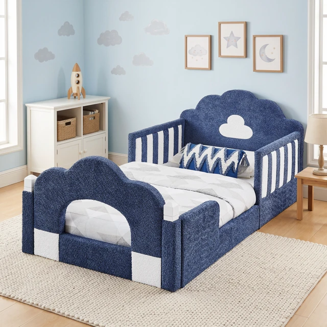 Main image of Twin Size Cloud Bed with Safety Guardrail, Solid Bed Frame for Boucle Fabric, Sky Blue, Boucle, Beds Frames Bases
