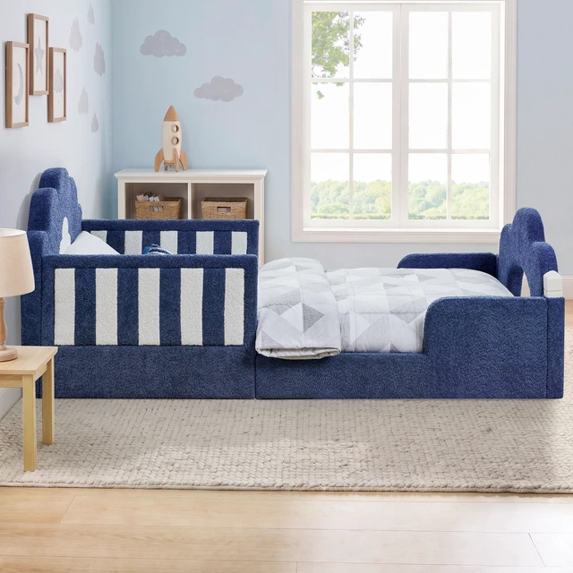 Alt view image 4 of 7 - Twin Size Cloud Bed with Safety Guardrail, Solid Bed Frame for Boucle Fabric, Sky Blue, Boucle, Beds Frames Bases
