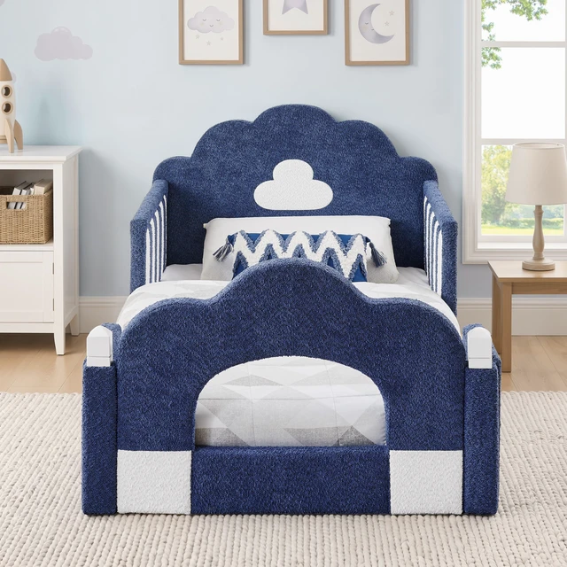 Alt view image 2 of 7 - Twin Size Cloud Bed with Safety Guardrail, Solid Bed Frame for Boucle Fabric, Sky Blue, Boucle, Beds Frames Bases