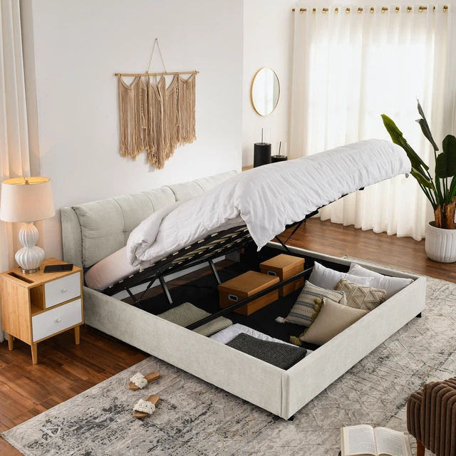 Alt view image 3 of 7 - King Size Storage Upholstered Hydraulic Platform Bed with Integrated Headboard, Chenille Fabric, Beige, Chenille, Beds