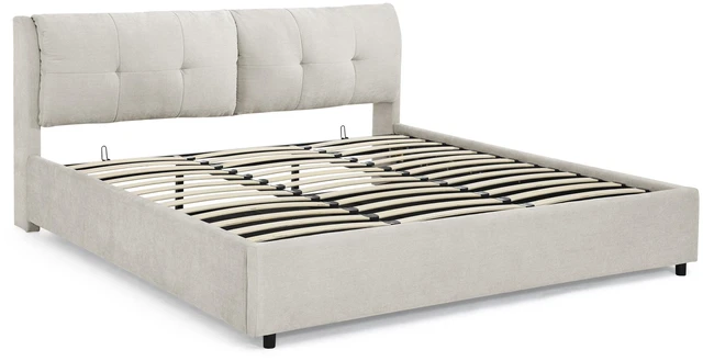 Alt view image 7 of 7 - King Size Storage Upholstered Hydraulic Platform Bed with Integrated Headboard, Chenille Fabric, Beige, Chenille, Beds