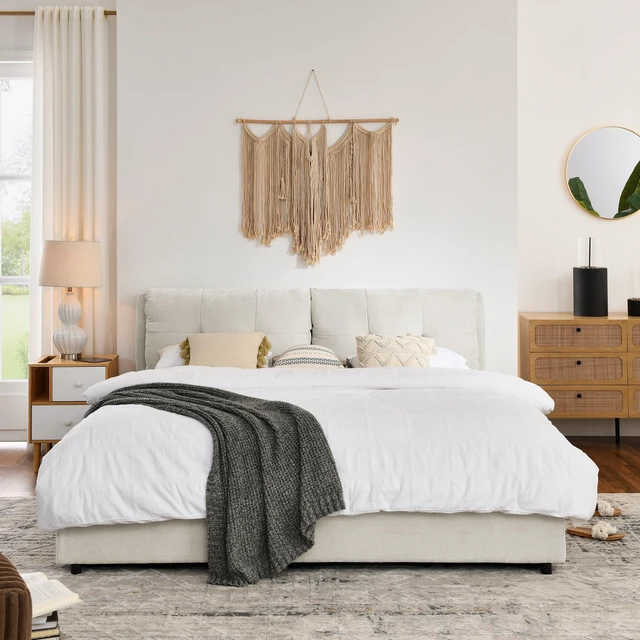 Alt view image 5 of 7 - King Size Storage Upholstered Hydraulic Platform Bed with Integrated Headboard, Chenille Fabric, Beige, Chenille, Beds
