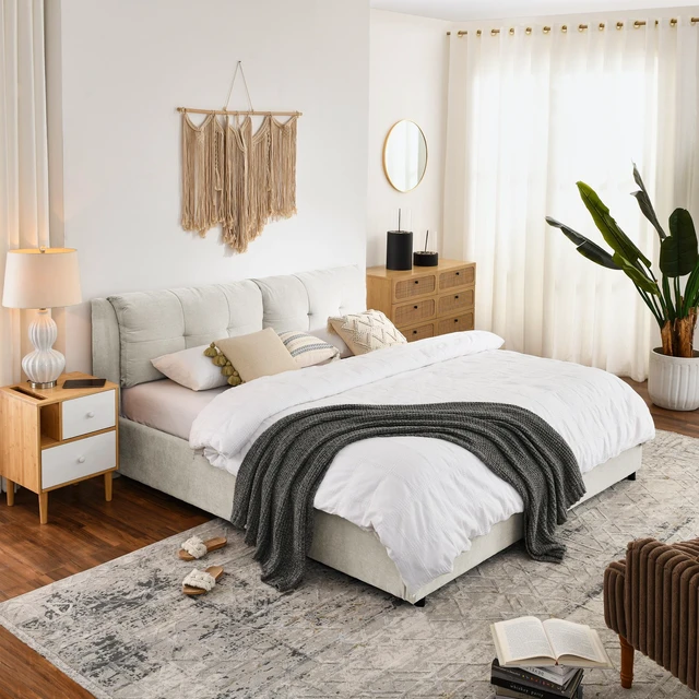 Alt view image 2 of 7 - King Size Storage Upholstered Hydraulic Platform Bed with Integrated Headboard, Chenille Fabric, Beige, Chenille, Beds