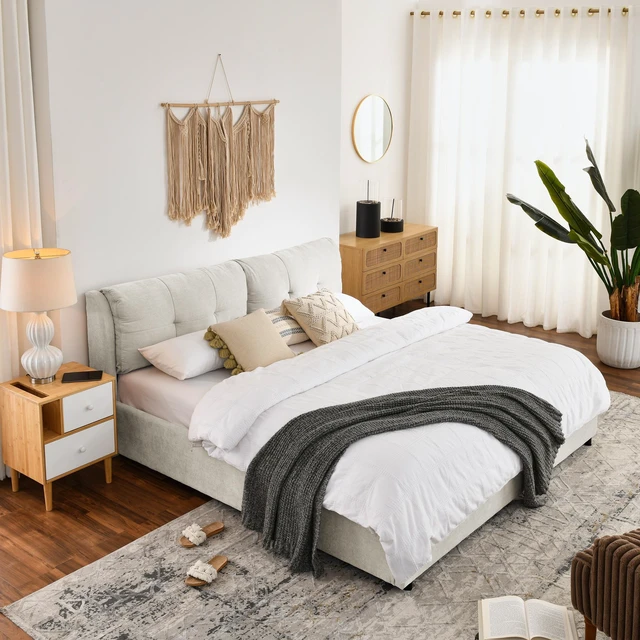 Alt view image 4 of 7 - King Size Storage Upholstered Hydraulic Platform Bed with Integrated Headboard, Chenille Fabric, Beige, Chenille, Beds