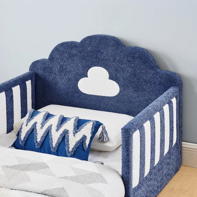 Alt view image 5 of 7 - Twin Size Cloud Bed with Safety Guardrail, Solid Bed Frame for Boucle Fabric, Sky Blue, Boucle, Beds Frames Bases