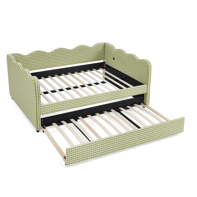 Alt view image 2 of 7 - Full Size Gingham Daybed with Twin Size Trundle Box Spring Needed, USB Port and Adorable Wave Shaped Linen Fabric
