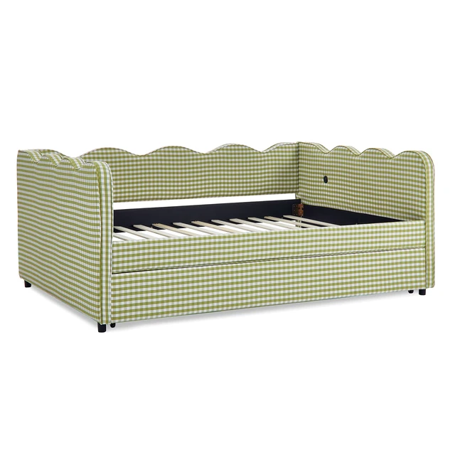 Alt view image 7 of 7 - Full Size Gingham Daybed with Twin Size Trundle Box Spring Needed, USB Port and Adorable Wave Shaped Linen Fabric