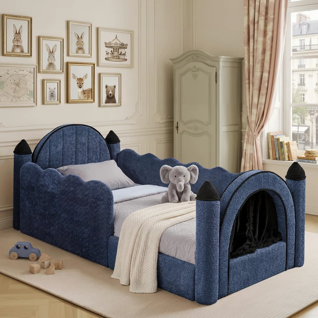 Main image of Twin Size Castle Bed with Safety Guardrail and Curtain, Solid Bed Frame for Boucle Fabric, Navy, Boucle, Beds Frames