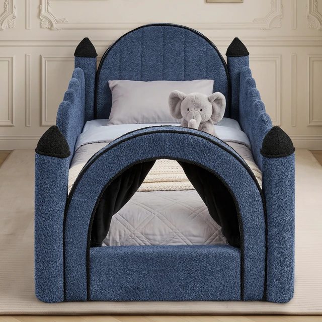 Alt view image 2 of 6 - Twin Size Castle Bed with Safety Guardrail and Curtain, Solid Bed Frame for Boucle Fabric, Navy, Boucle, Beds Frames