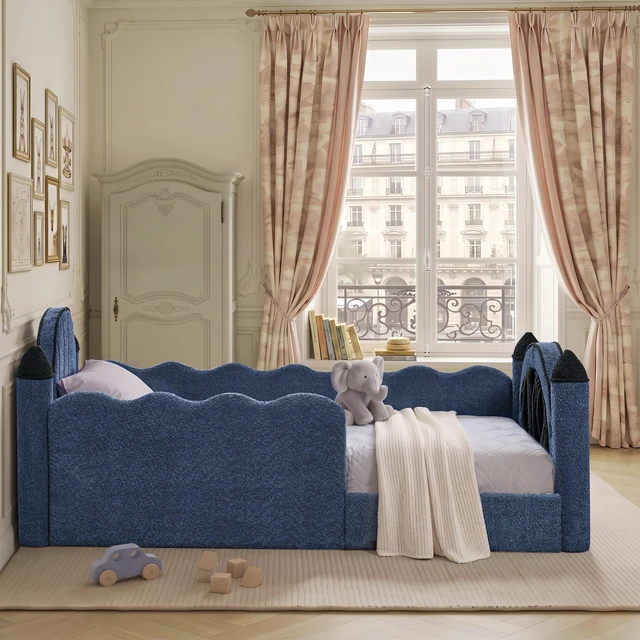 Alt view image 3 of 6 - Twin Size Castle Bed with Safety Guardrail and Curtain, Solid Bed Frame for Boucle Fabric, Navy, Boucle, Beds Frames
