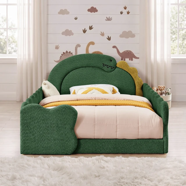 Main image of Full Size Dinosaur Shaped Bed with Safety Guardraild, Solid Bed Frame for Boucle Fabric, Green, Boucle, Beds Frames