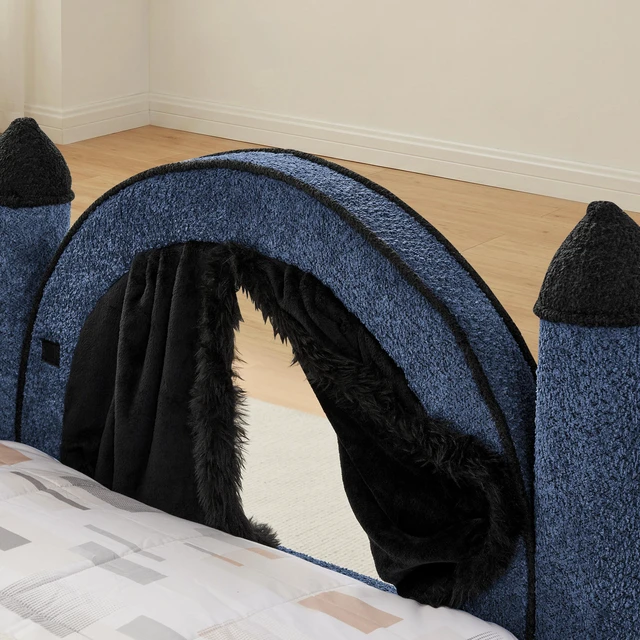 Alt view image 5 of 6 - Twin Size Castle Bed with Safety Guardrail and Curtain, Solid Bed Frame for Boucle Fabric, Navy, Boucle, Beds Frames