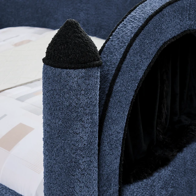 Alt view image 6 of 6 - Twin Size Castle Bed with Safety Guardrail and Curtain, Solid Bed Frame for Boucle Fabric, Navy, Boucle, Beds Frames