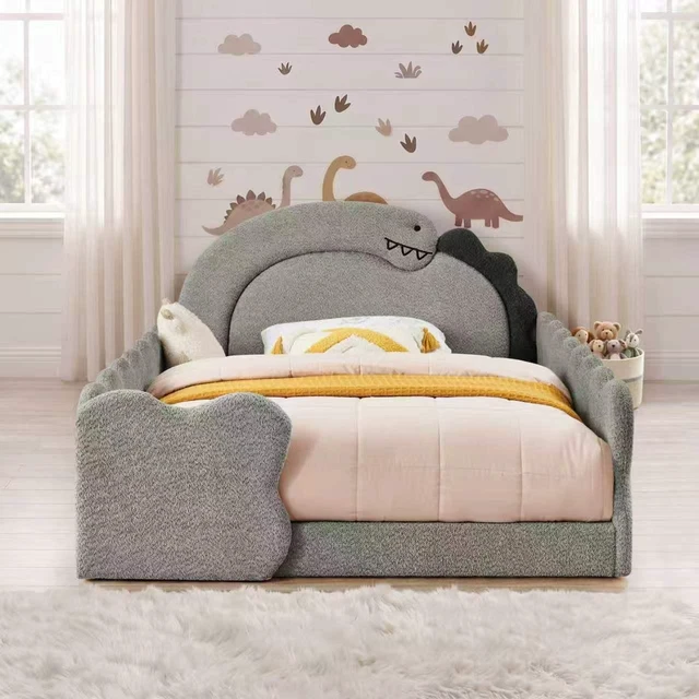 Main image of Full Size Dinosaur Shaped Bed with Safety Guardraild, Solid Bed Frame for Boucle Fabric, Grey, Boucle, Beds Frames Bases
