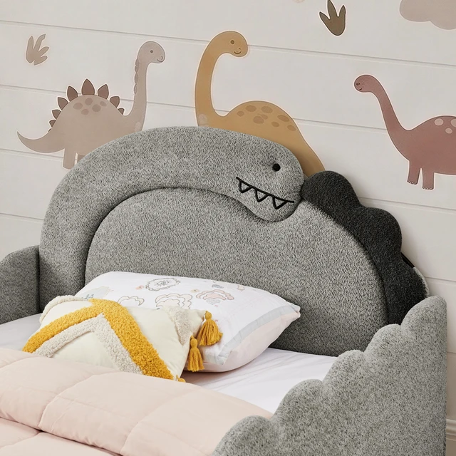 Alt view image 5 of 7 - Full Size Dinosaur Shaped Bed with Safety Guardraild, Solid Bed Frame for Boucle Fabric, Grey, Boucle, Beds Frames Bases