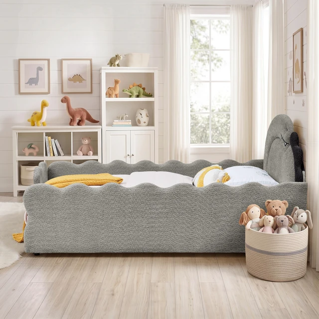 Alt view image 4 of 7 - Full Size Dinosaur Shaped Bed with Safety Guardraild, Solid Bed Frame for Boucle Fabric, Grey, Boucle, Beds Frames Bases