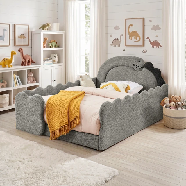 Alt view image 2 of 7 - Full Size Dinosaur Shaped Bed with Safety Guardraild, Solid Bed Frame for Boucle Fabric, Grey, Boucle, Beds Frames Bases