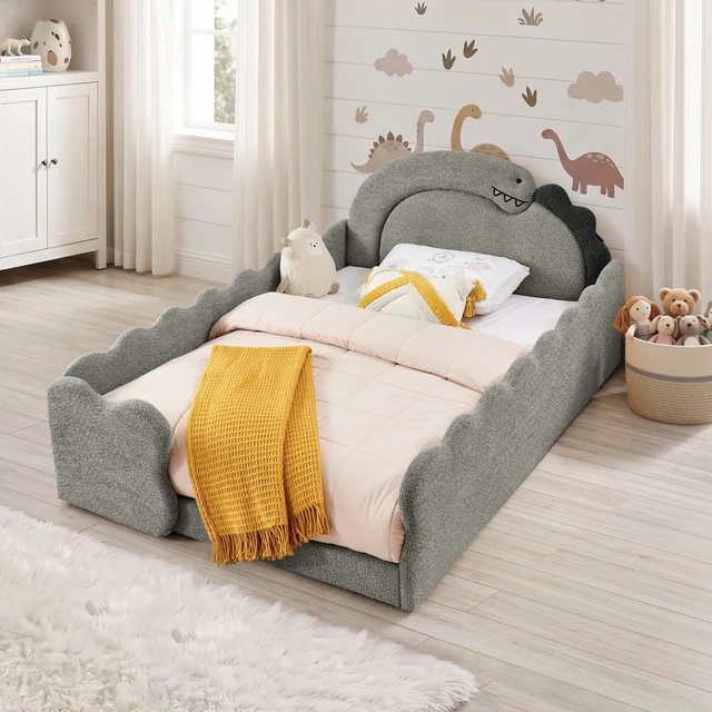 Alt view image 3 of 7 - Full Size Dinosaur Shaped Bed with Safety Guardraild, Solid Bed Frame for Boucle Fabric, Grey, Boucle, Beds Frames Bases